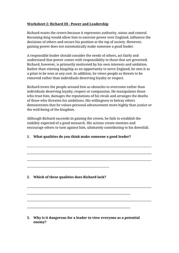 Richard III - Power and Leadership Worksheet