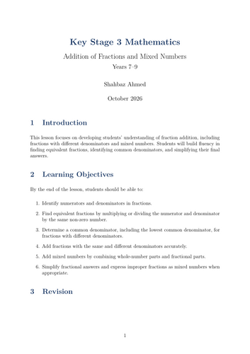 Key Stage 3 Mathematics Addition of Fractions and Mixed Numbers