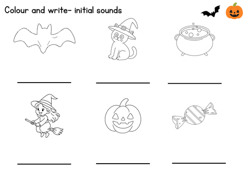 Colour and write initial sounds- halloween