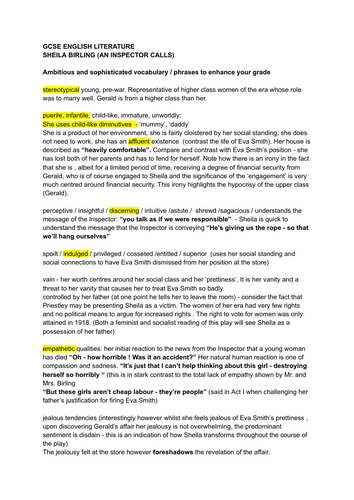 Key revision points on the character of Sheila Birling "An Inspector Calls"