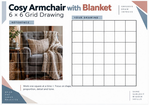 Cosy Armchair with Blanket Grid Drawing Worksheet | KS3 & KS4 Art | Observational Drawing