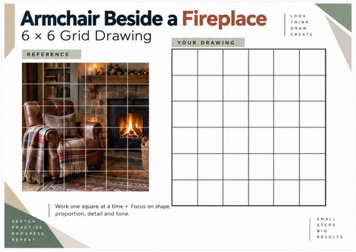 Armchair Beside a Fireplace Grid Drawing Worksheet | KS3 KS4 Art | Perspective & Shading