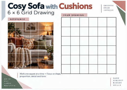 Cosy Sofa with Cushions Grid Drawing Worksheet | KS3 KS4 Art | Texture & Observational Drawing