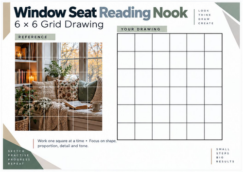 Window Seat Reading Nook Grid Drawing Worksheet | KS3 KS4 Art | Interior Drawing