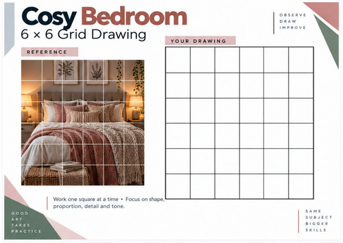 Cosy Bedroom Grid Drawing Worksheet | KS3 KS4 Art | Interior Perspective & Shading