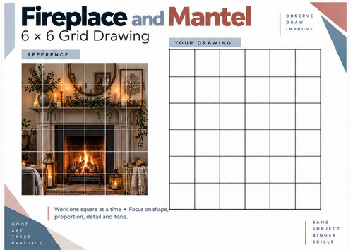 Fireplace and Mantel Grid Drawing Worksheet | KS3 KS4 Art | Architecture & Shading