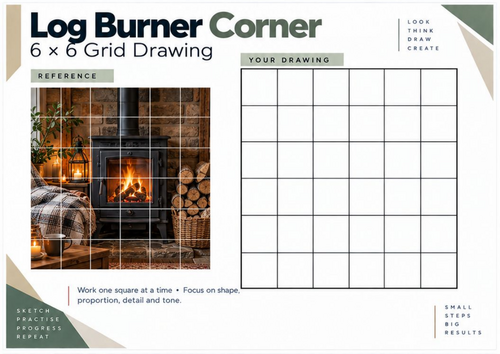Log Burner Corner Grid Drawing Worksheet | KS3 KS4 Art | Light, Shadow & Texture