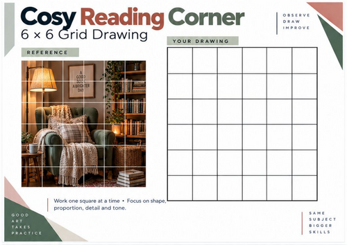 Cosy Reading Corner Grid Drawing Worksheet | KS3 KS4 Art | Observational Drawing