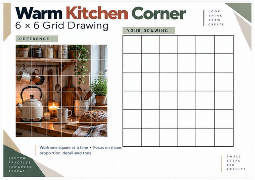 Warm Kitchen Corner Grid Drawing Worksheet | KS3 KS4 Art | Still Life & Interior Drawing