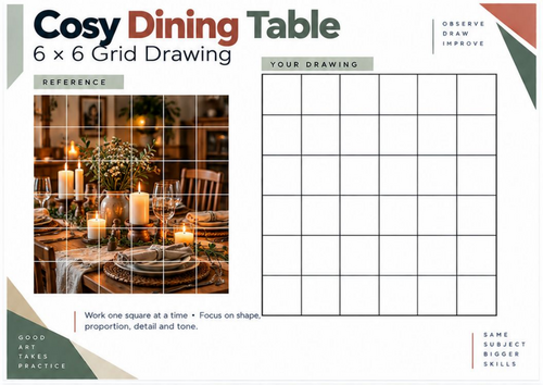 Cosy Dining Table Grid Drawing Worksheet | KS3 KS4 Art | Still Life & Composition