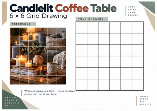 Candlelit Coffee Table Grid Drawing Worksheet | KS3 KS4 Art | Light & Shading