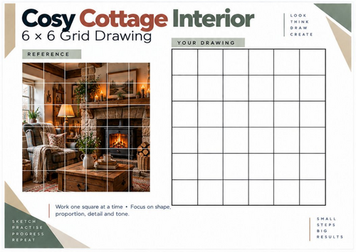Cosy Cottage Interior Grid Drawing Worksheet | KS3 KS4 Art | Perspective & Drawing