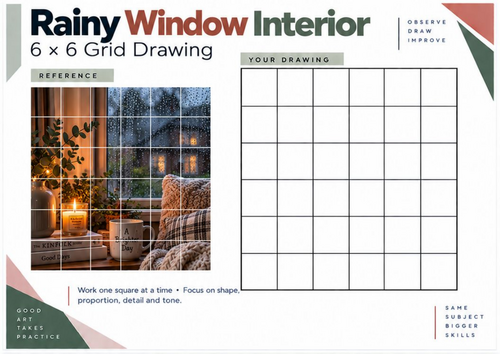Rainy Window Interior Grid Drawing Worksheet | KS3 KS4 Art | Light & Atmosphere
