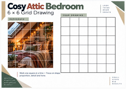 Cosy Attic Bedroom Grid Drawing Worksheet | KS3 KS4 Art | Perspective & Shading