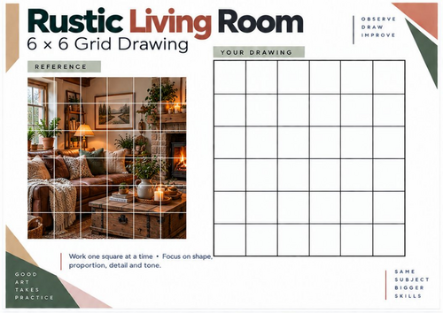 Rustic Living Room Grid Drawing Worksheet | KS3 KS4 Art | Interior Drawing & Shading