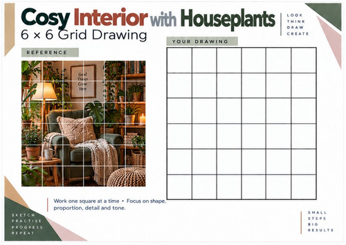 Cosy Interior with Houseplants Grid Drawing Worksheet | KS3 KS4 Art | Botanical Drawing