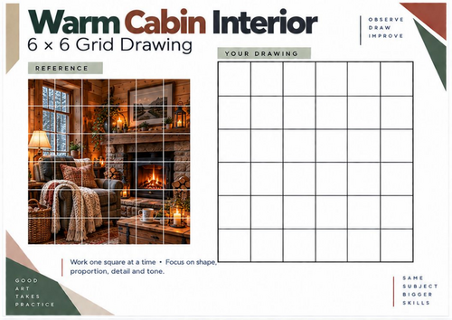 Warm Cabin Interior Grid Drawing Worksheet | KS3 KS4 Art | Perspective, Texture & Shading