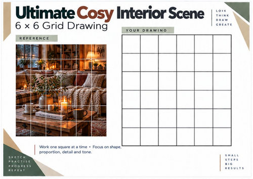 Ultimate Cosy Interior Scene Grid Drawing Worksheet | KS3 KS4 Art | Advanced Drawing Challenge