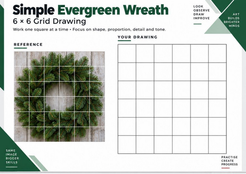 Simple Evergreen Wreath Grid Drawing Worksheet | Christmas Art Activity | KS3 & KS4