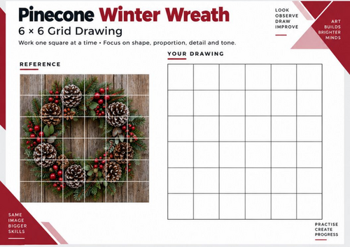 Pinecone Winter Wreath Grid Drawing Worksheet | Christmas Observational Art | KS3 & KS4