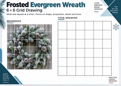 Frosted Evergreen Wreath Grid Drawing Worksheet | Winter Art & Pencil Shading | KS3 KS4
