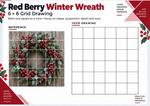 Red Berry Winter Wreath Grid Drawing Worksheet | Christmas Art & Observational Drawing