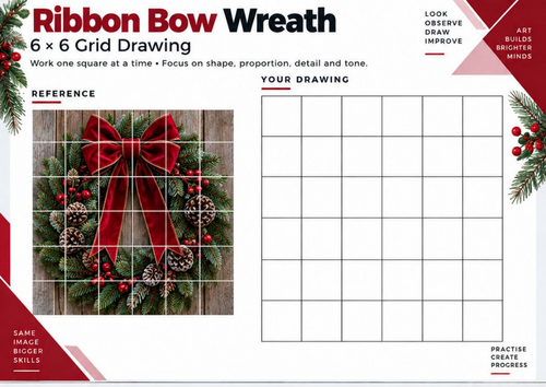Christmas Ribbon Bow Wreath Grid Drawing Worksheet | Festive Art Activity | KS3 KS4