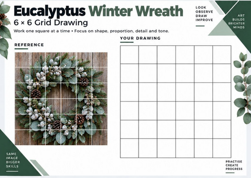 Eucalyptus Winter Wreath Grid Drawing Worksheet | Botanical Art & Christmas Drawing