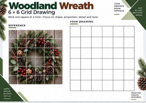 Woodland Winter Wreath Grid Drawing Worksheet | Nature-Inspired Christmas Art | KS3 KS4