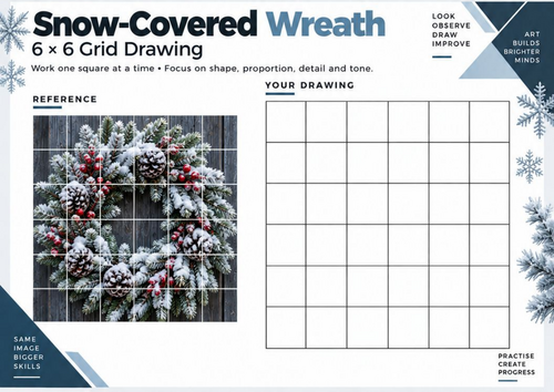 Snow-Covered Christmas Wreath Grid Drawing Worksheet | Winter Art & Tonal Shading