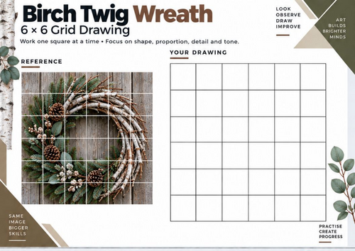 Birch Twig Winter Wreath Grid Drawing Worksheet | Botanical Observational Art | KS3 KS4