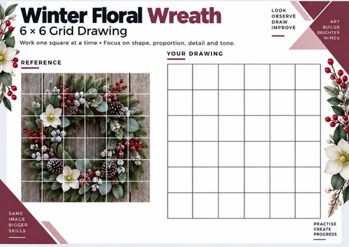 Winter Floral Wreath Grid Drawing Worksheet | Christmas Flowers & Botanical Art | KS3 KS4