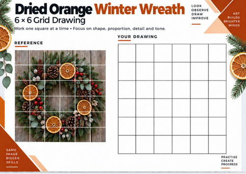 Dried Orange Christmas Wreath Grid Drawing Worksheet | Festive Still Life Art | KS3 KS4