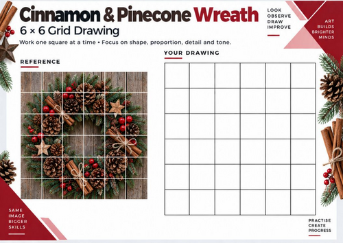 Cinnamon & Pinecone Christmas Wreath Grid Drawing Worksheet | Winter Still Life Art