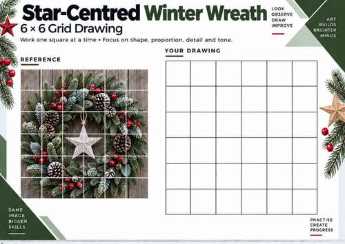 Star-Centred Christmas Wreath Grid Drawing Worksheet | Festive Observational Art