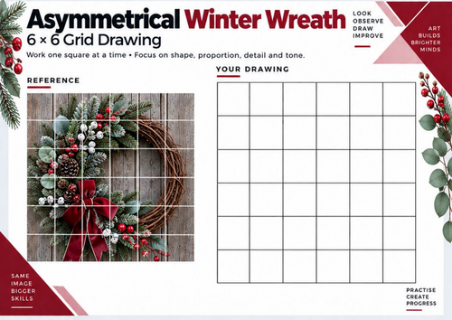 Asymmetrical Winter Wreath Grid Drawing Worksheet | Christmas Art & Composition | KS3 KS4