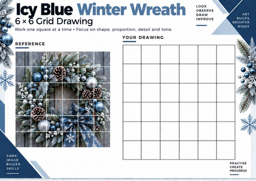 Icy Blue Winter Wreath Grid Drawing Worksheet | Christmas Art & Tonal Shading | KS3 KS4
