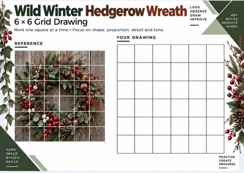 Wild Winter Hedgerow Wreath Grid Drawing Worksheet | Botanical Winter Art | KS3 KS4