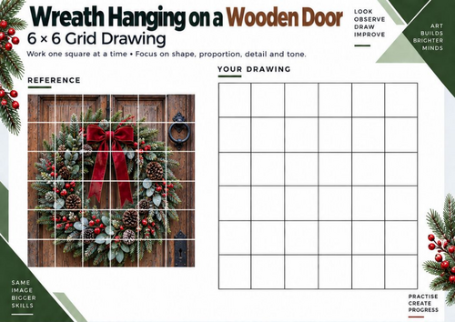 Christmas Wreath on Wooden Door Grid Drawing Worksheet | Festive Observational Art | KS3 KS4