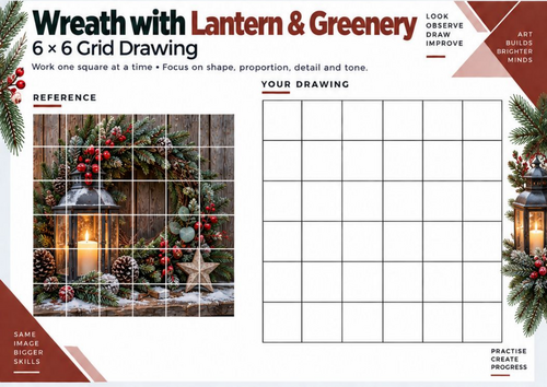 Winter Wreath with Lantern Grid Drawing Worksheet | Christmas Still Life Art | KS3 KS4