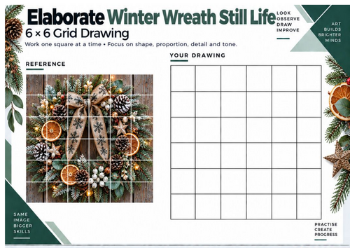 Elaborate Winter Wreath Still Life Grid Drawing Worksheet | Christmas Art | KS3 KS4