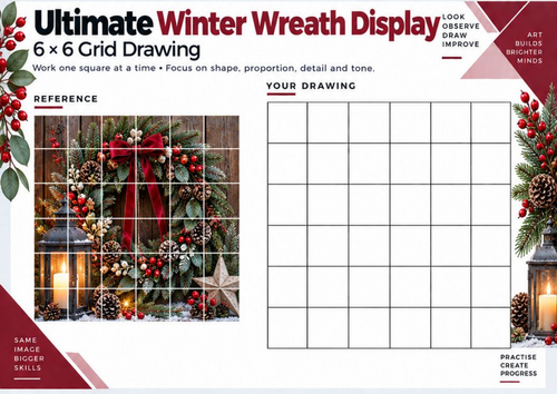 Ultimate Winter Wreath Display Grid Drawing Worksheet | Christmas Art Challenge | KS3 KS4