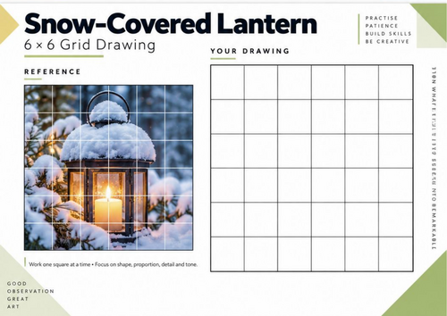 Snow-Covered Lantern Grid Drawing Worksheet | Winter Art Drawing Activity KS3 KS4