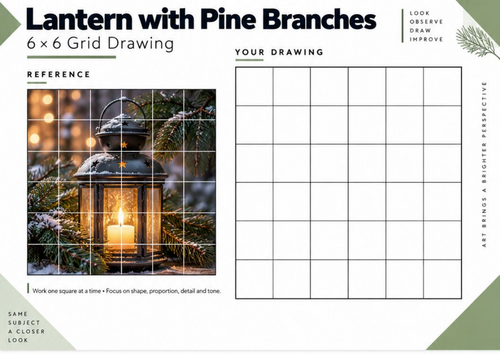 Lantern with Pine Branches Grid Drawing Worksheet | Winter Nature Art KS3 KS4