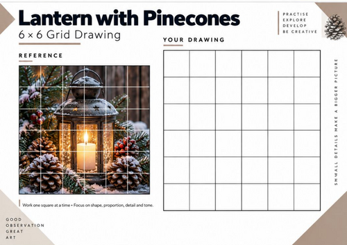 Lantern with Pinecones Grid Drawing Worksheet | Winter Still Life Art KS3 KS4