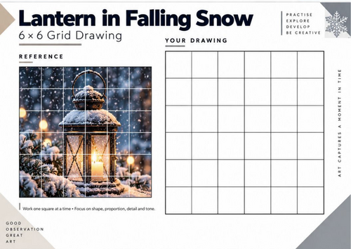Lantern in Falling Snow Grid Drawing Worksheet | Winter Scene Art KS3 KS4