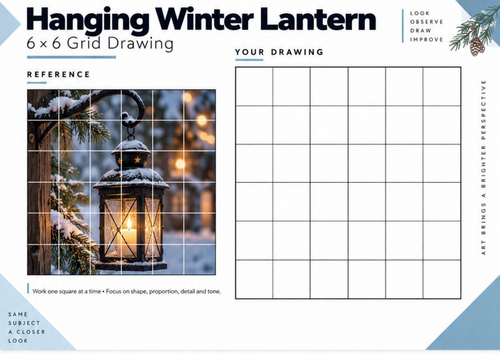 Hanging Winter Lantern Grid Drawing Worksheet | Winter Art Activity KS3 KS4