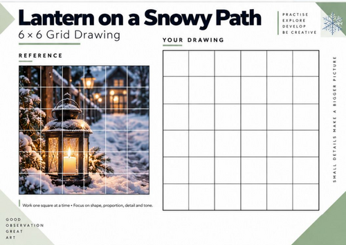 Lantern on a Snowy Path Grid Drawing Worksheet | Winter Landscape Art KS3 KS4