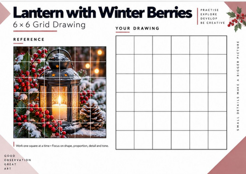 Lantern with Winter Berries Grid Drawing Worksheet | Christmas Art KS3 KS4