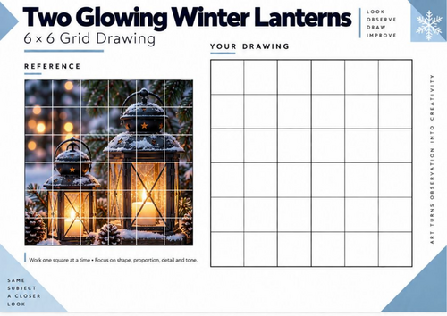 Two Glowing Winter Lanterns Grid Drawing Worksheet | Winter Art KS3 KS4